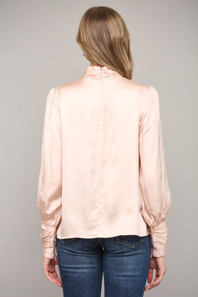 High Collar Ruched Sleeve Blouse
