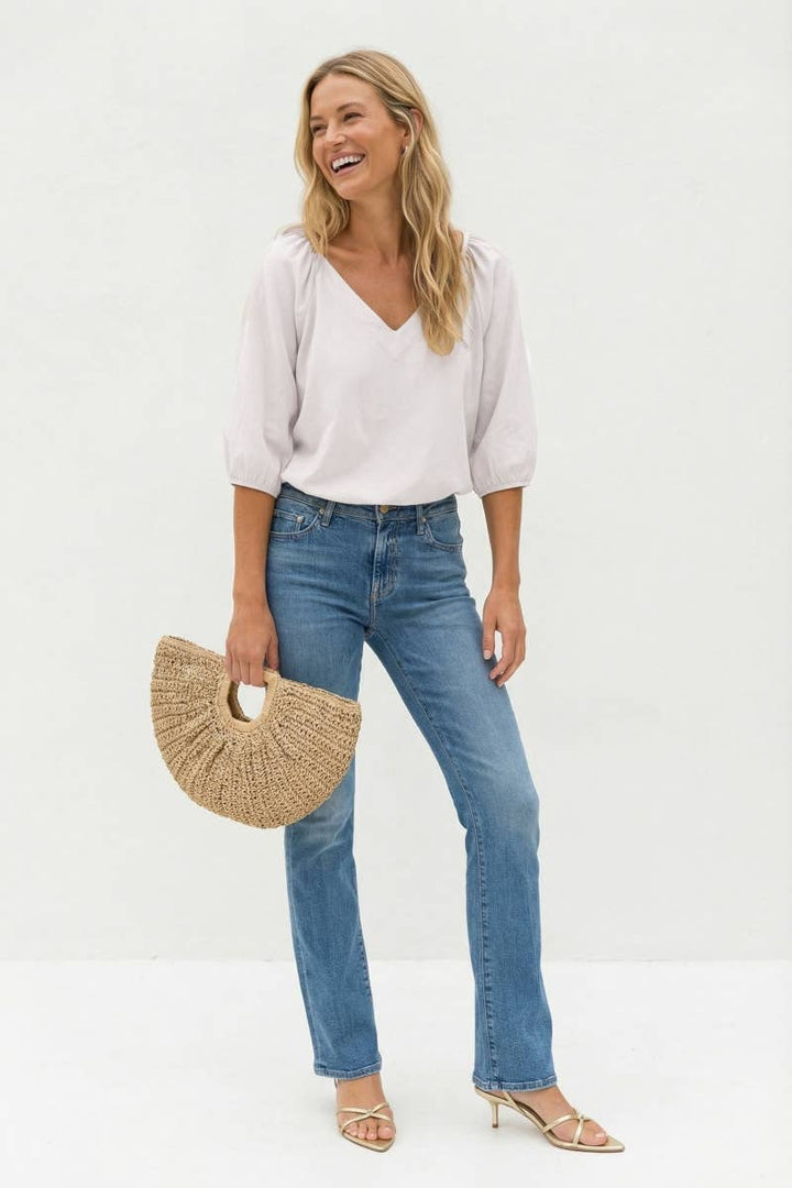 Elastic Puff Sleeve V-neck Blouse