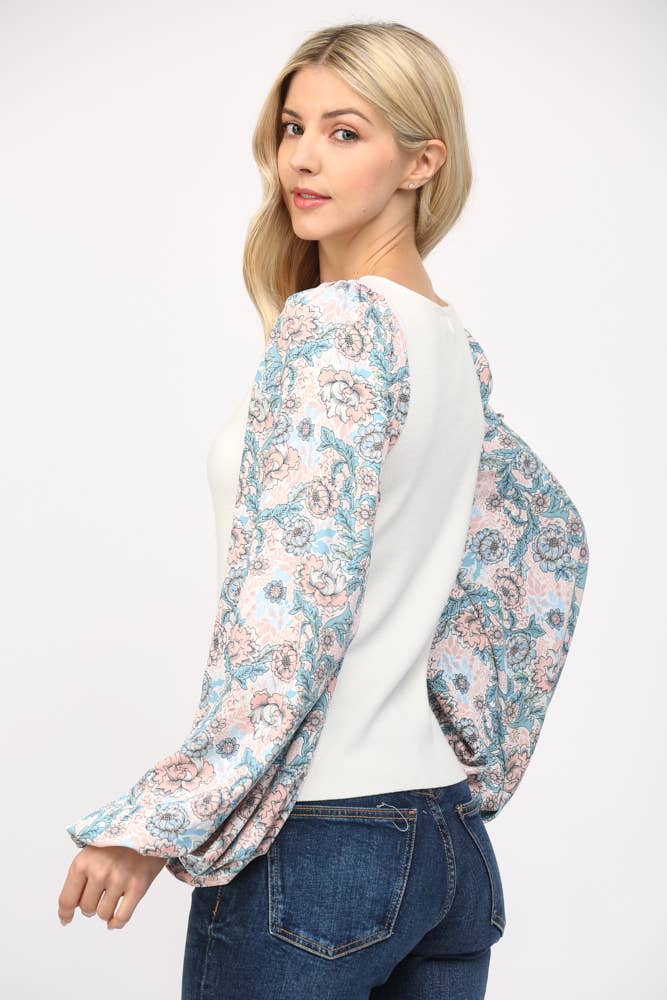 Contrast Print Balloon Sleeve Round Neck Sweater