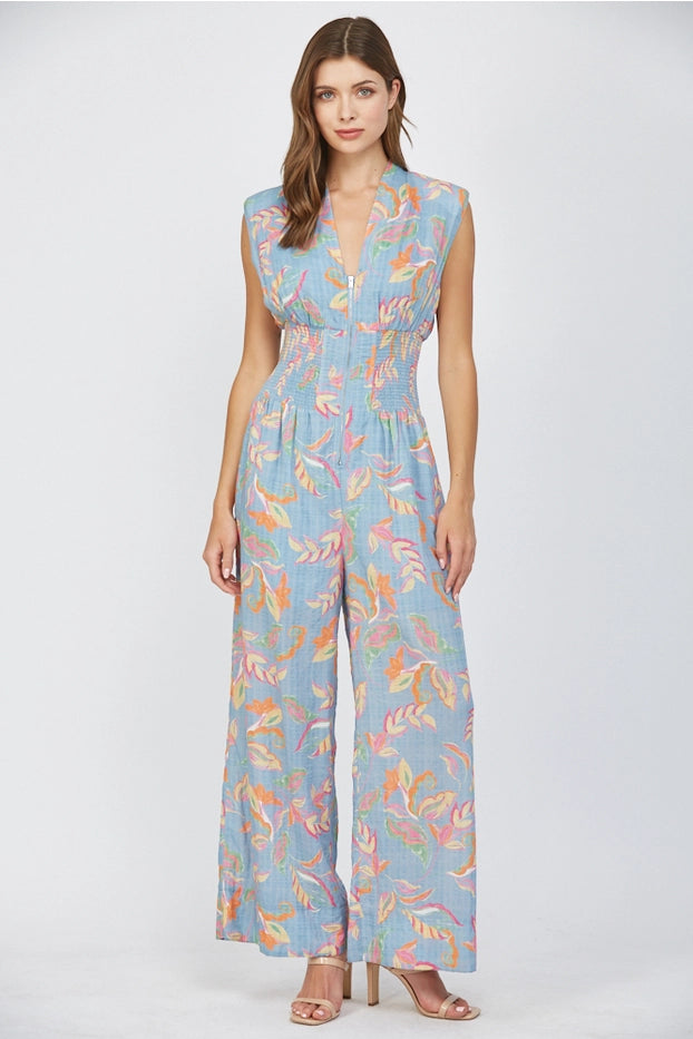 Smocked Waist Front Zip Jumpsuit
