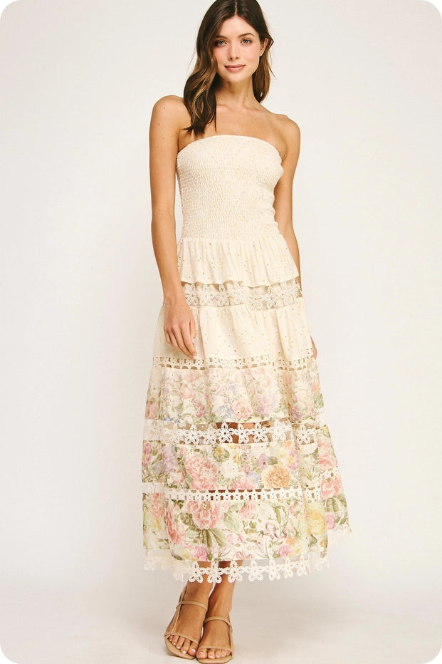 Eyelet Lace Tube Dress in Floral Print
