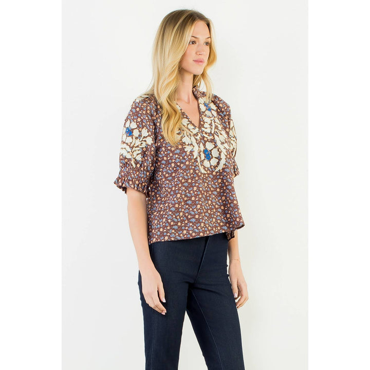 Floral Print Top With Embroidery