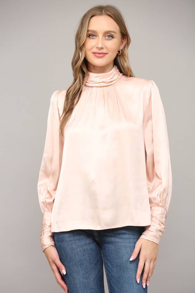 High Collar Ruched Sleeve Blouse