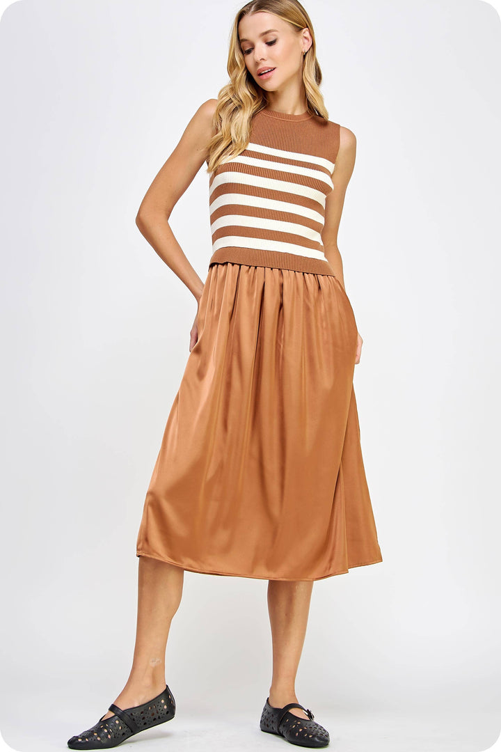 Sleeveless Striped Mixed Media Midi Dress