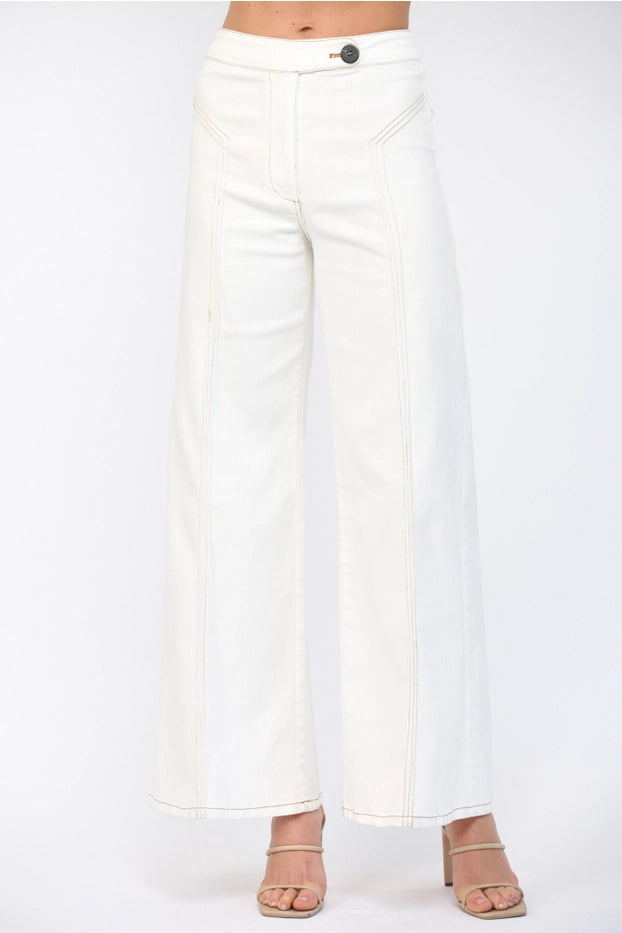 Contrast Topstitching Detail High-Waisted Flare Pant