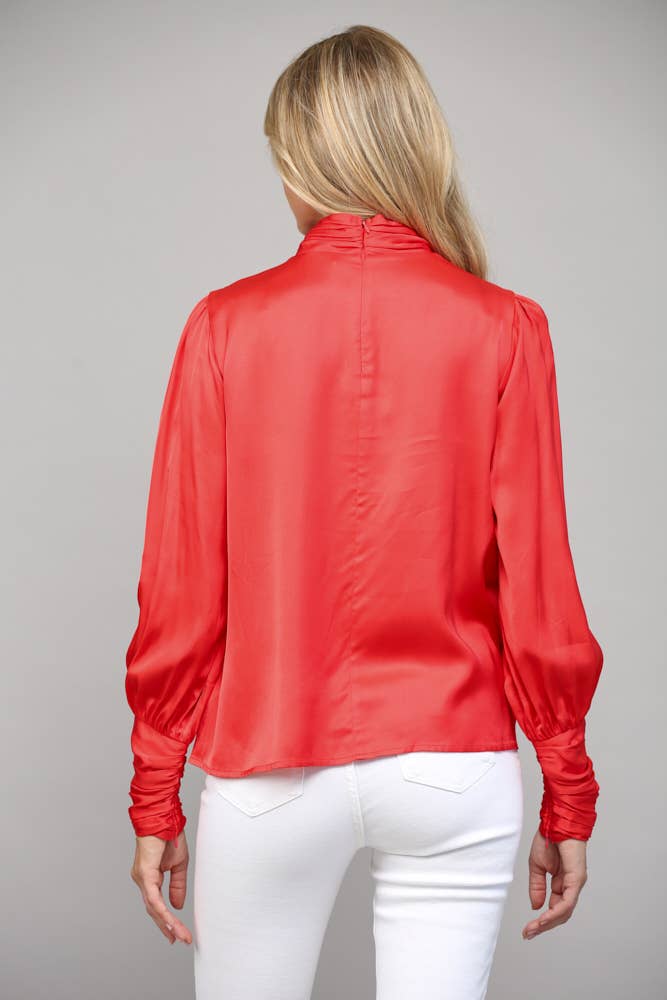 High Collar Ruched Sleeve Blouse