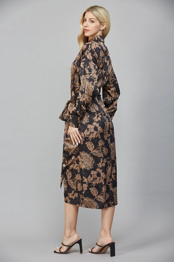 Print Satin Front Tie Midi Dress