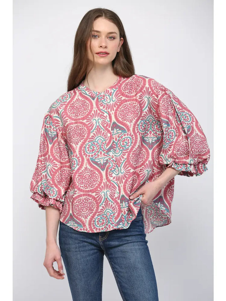 Damask Print Voluminous Balloon Sleeve Button Down Blouse