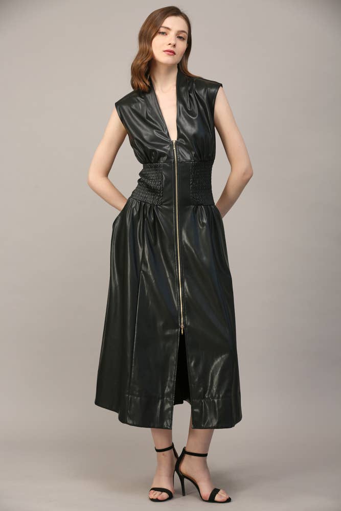 Smocked Waist Zip Front Faux Leather Dress