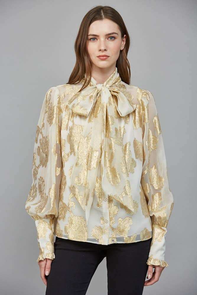 Metallic Jacquard Chiffon Blouse With Bow