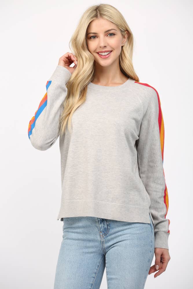 Multi Color Stripe On Sleeve Crew Neck Sweater