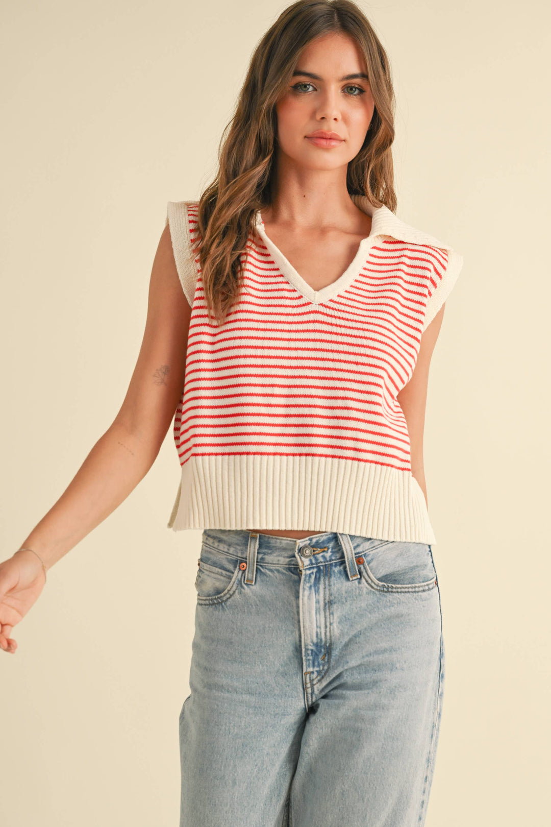 V-Neck Stripe Collar Knitted Top