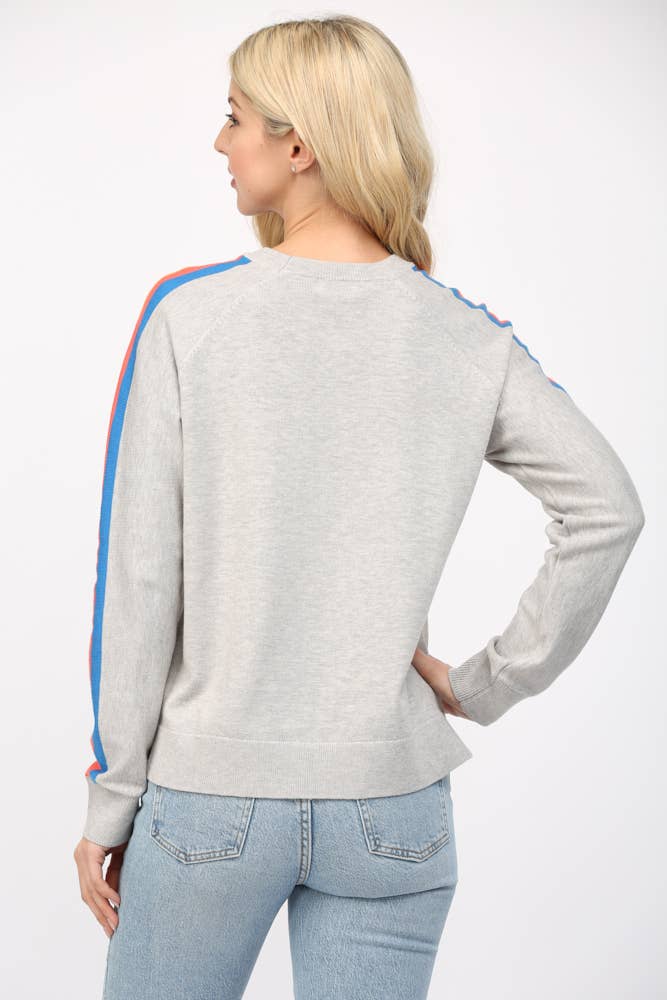 Multi Color Stripe On Sleeve Crew Neck Sweater