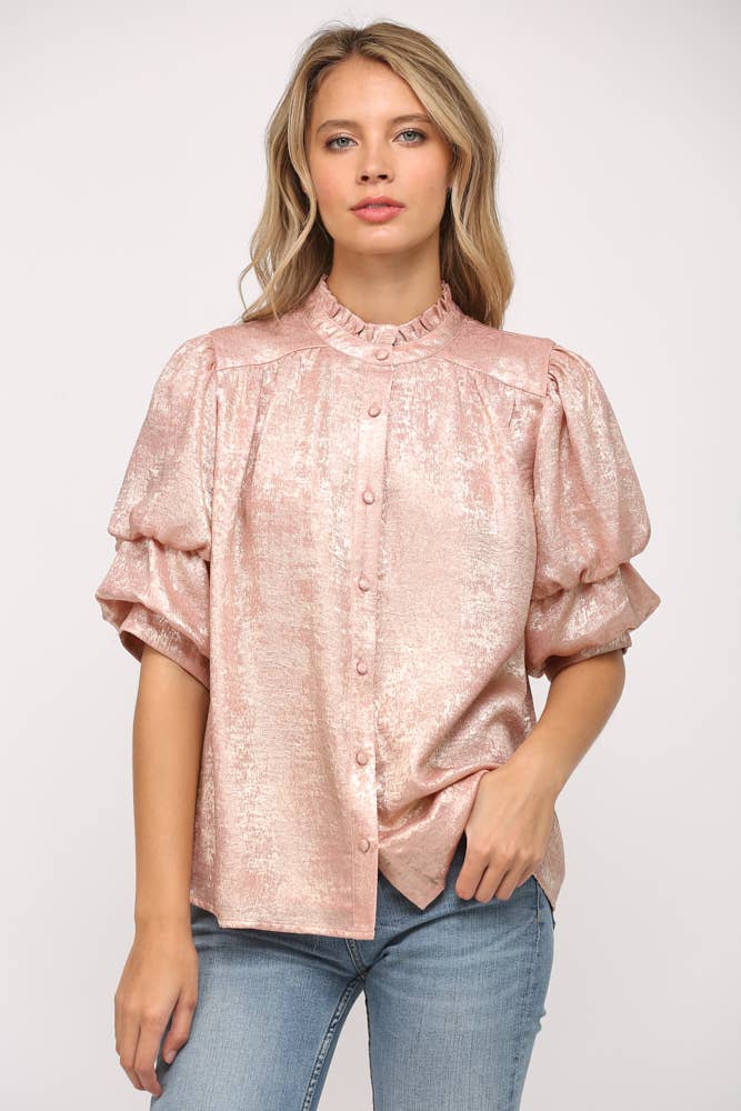 Foiled Woven Fabric Short Tiered Sleeve Blouse