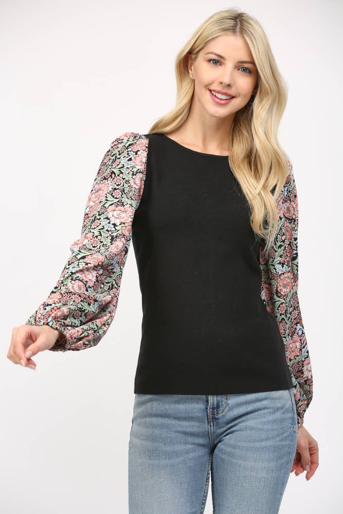 Contrast Print Balloon Sleeve Round Neck Sweater