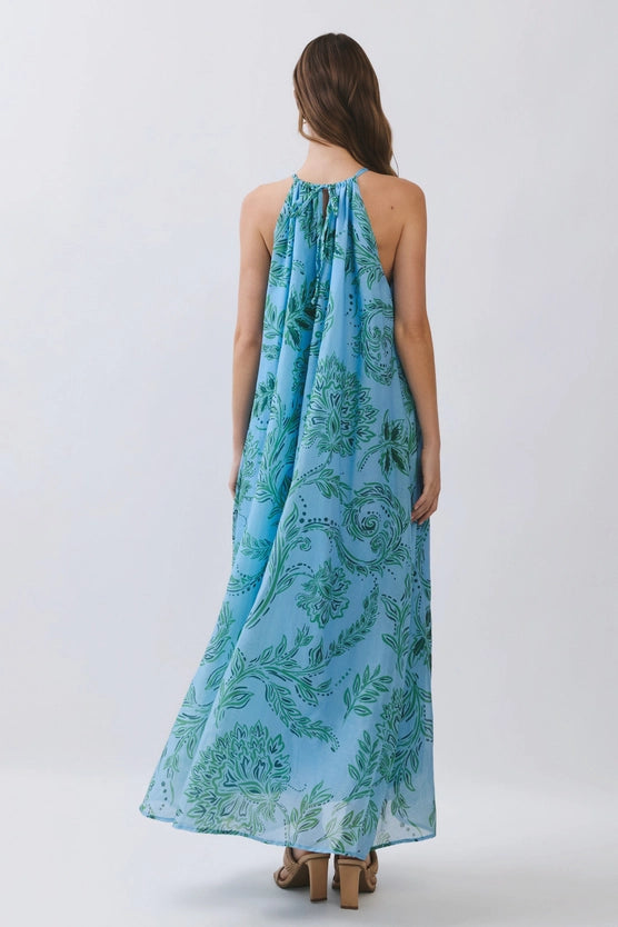 Floral Print High Neck Flowy Maxi Dress