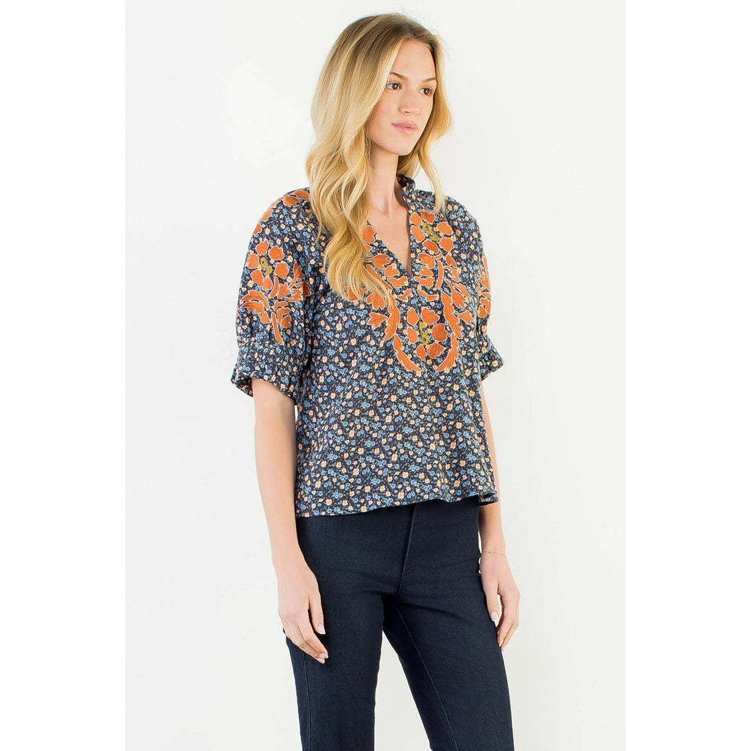 Floral Print Top With Embroidery