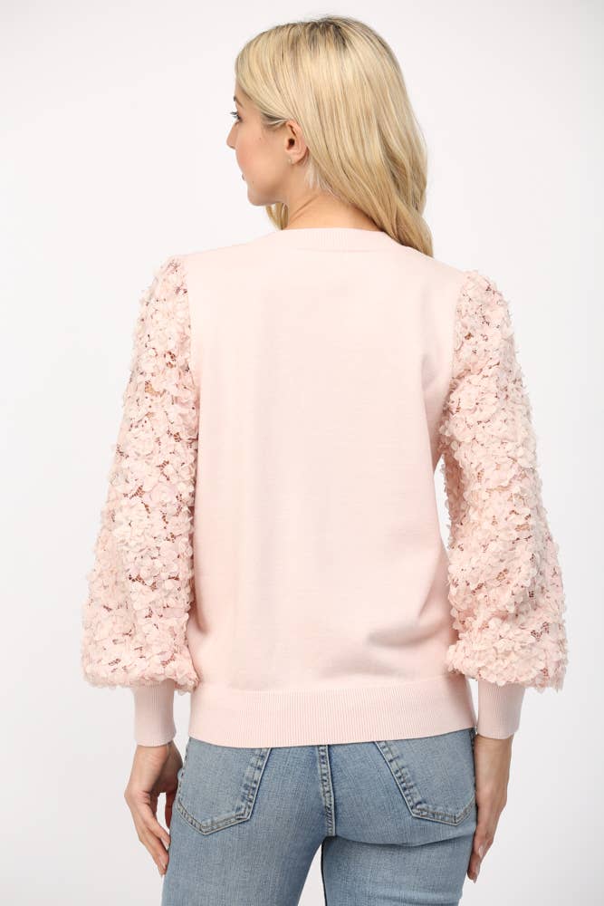 Contrast 3D Floral Lace Sleeve Crew Neck Sweater