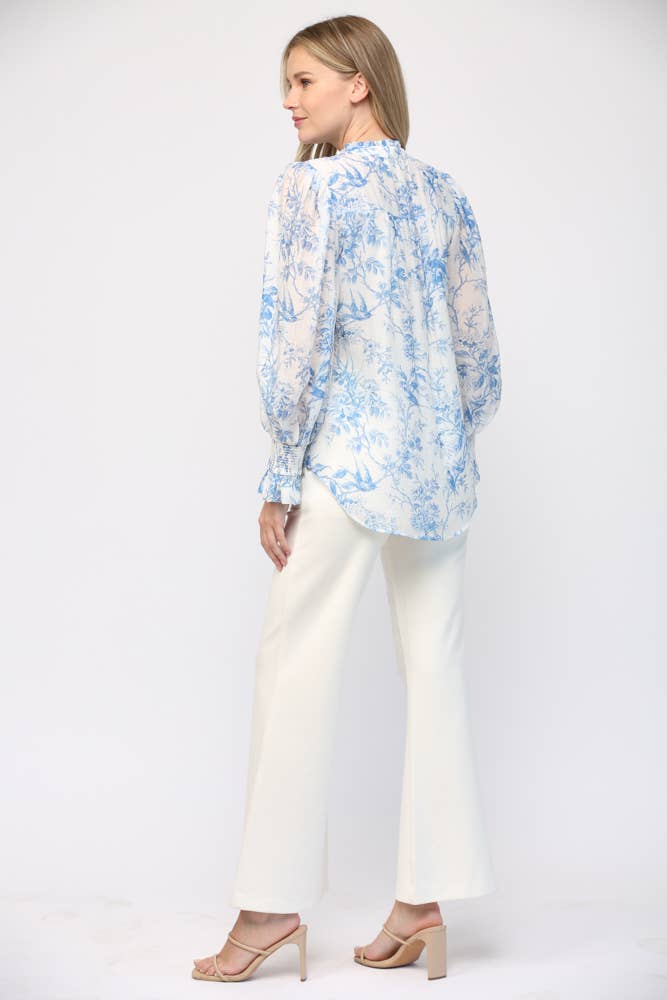 Printed Tencel Blend Ruffle Neck Blouse