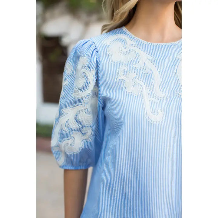 Embroidered Puff Sleeve Striped Top