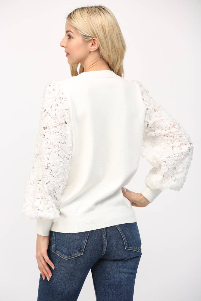 Contrast 3D Floral Lace Sleeve Crew Neck Sweater