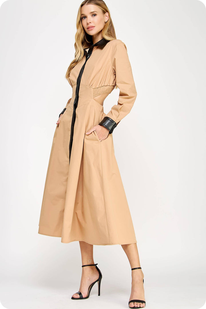 Faux Leather Contrast Poplin Long Shirt Dress