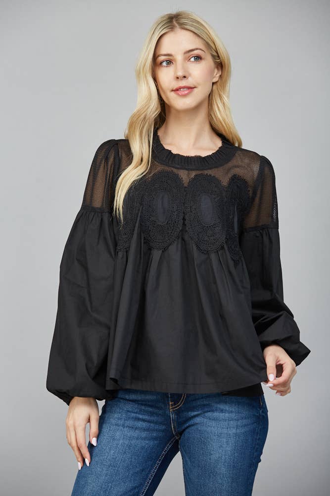 Lace Applique Detail Long Sleeve Blouse