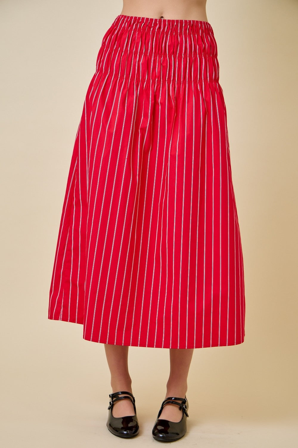 Striped Poplin Flowy Midi Skirt With Smocked Waist