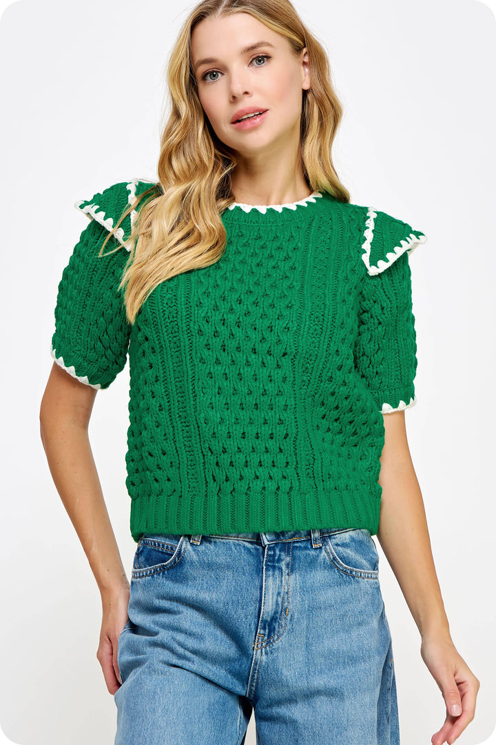 Embroidery Contrast Short Sleeve Sweater