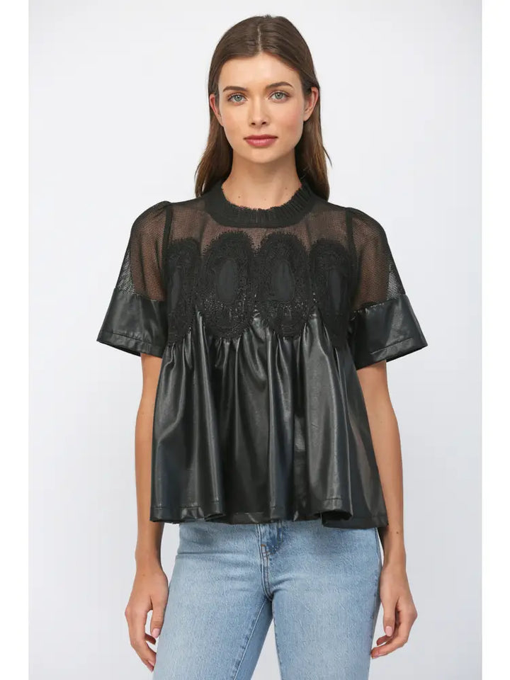 Lace Overlay Faux Leather Babydoll Top