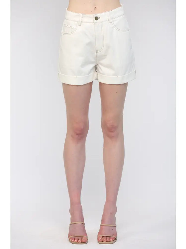 Cuffed Denim Shorts with Front and Back Pockets