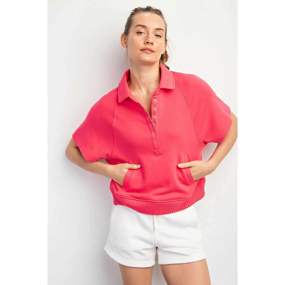 French Terry Short Sleeve Top with Collar