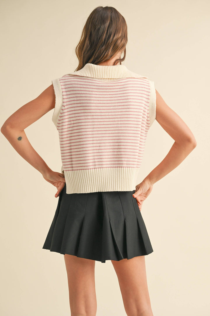 V-Neck Stripe Collar Knitted Top