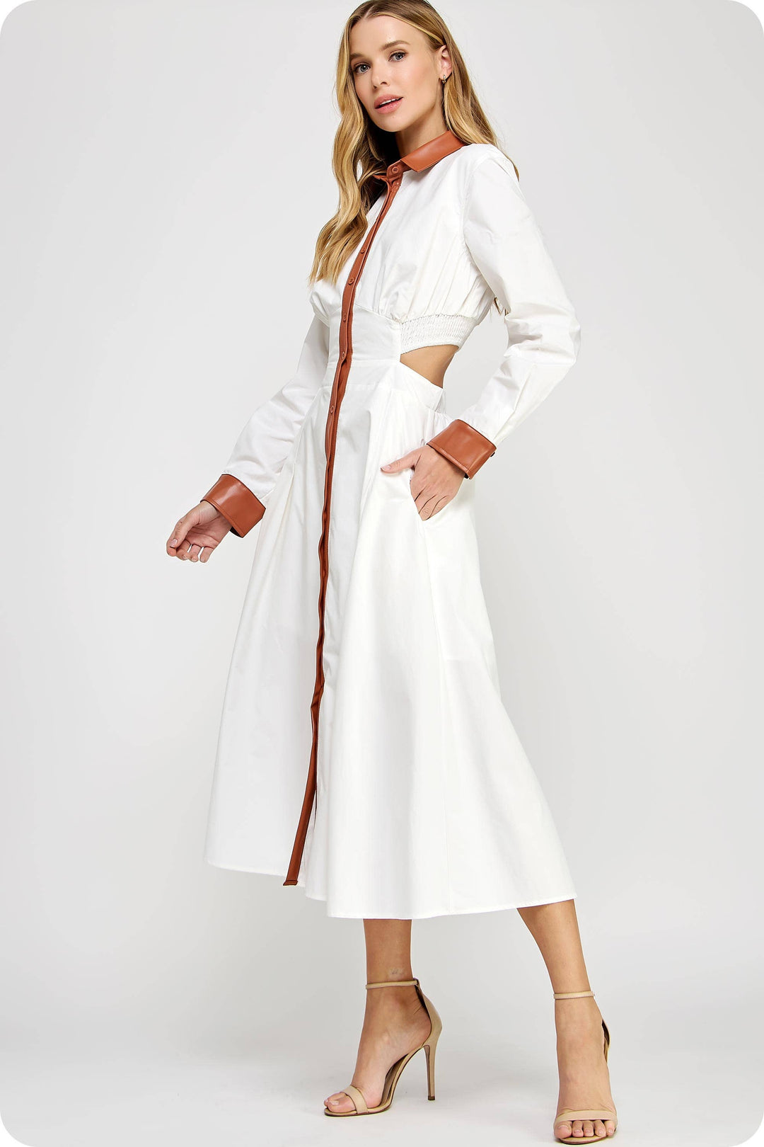 Faux Leather Contrast Poplin Long Shirt Dress