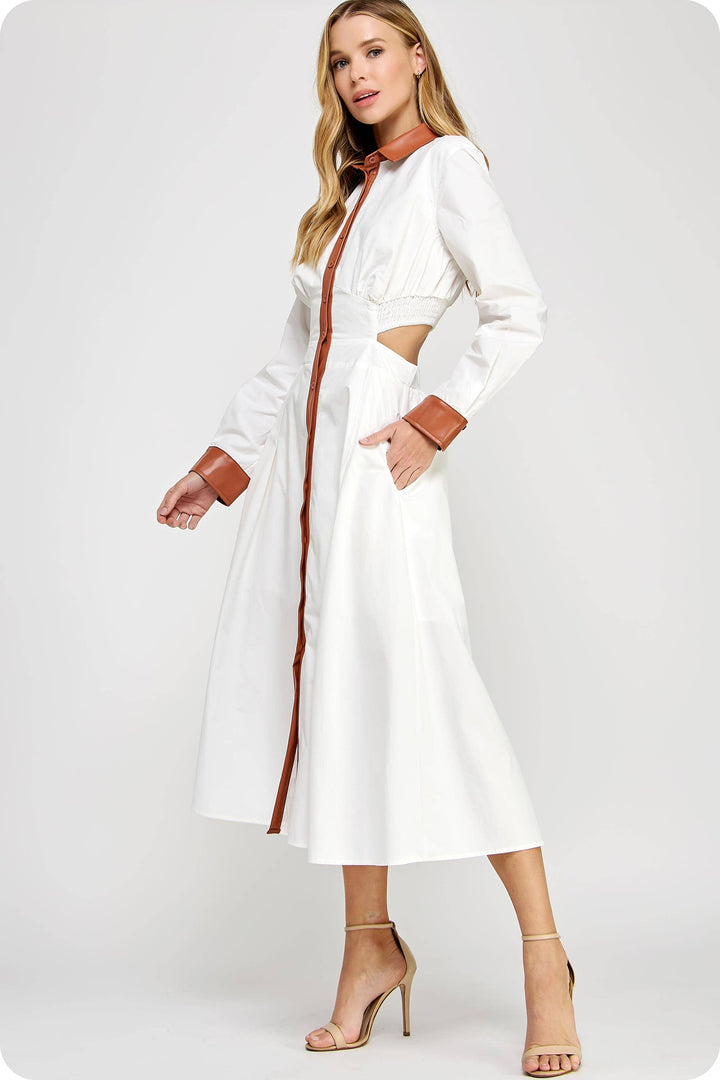 Faux Leather Contrast Poplin Long Shirt Dress