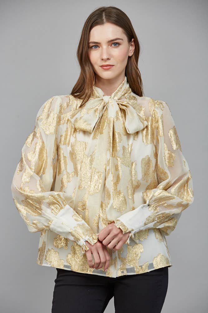 Metallic Jacquard Chiffon Blouse With Bow