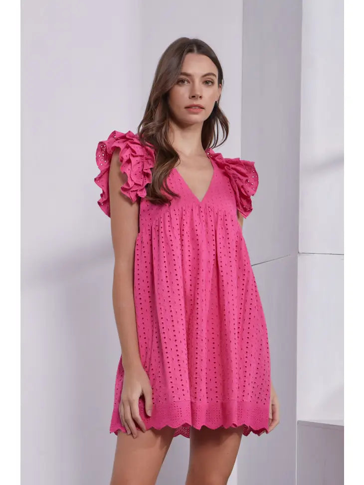 hyper pink embroidered ruffle romper dress