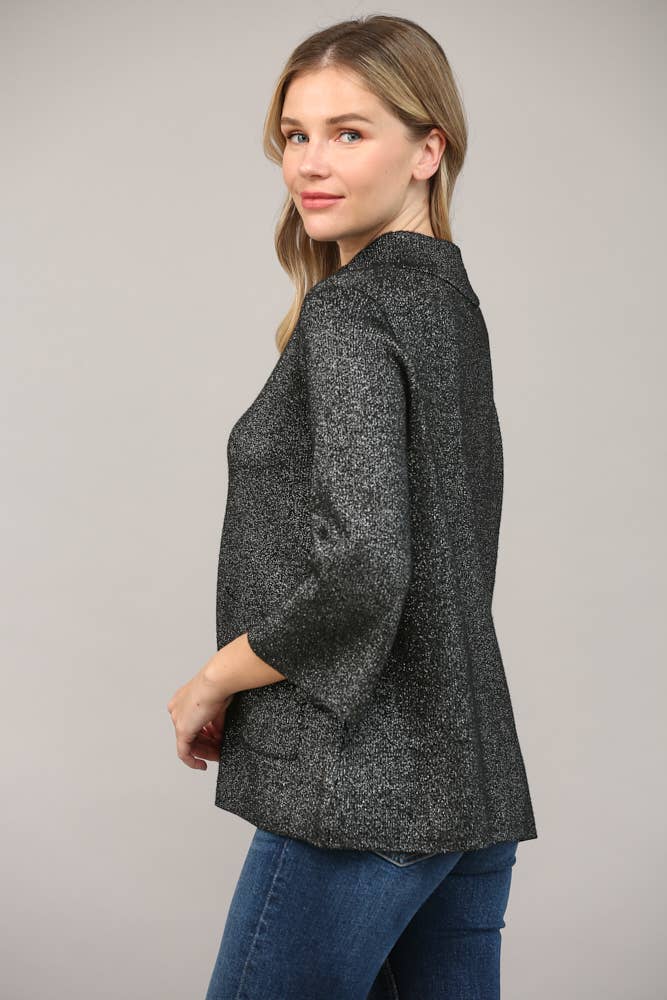 Glitter Yarn Front Pocket Detail Mock Neck Sweater