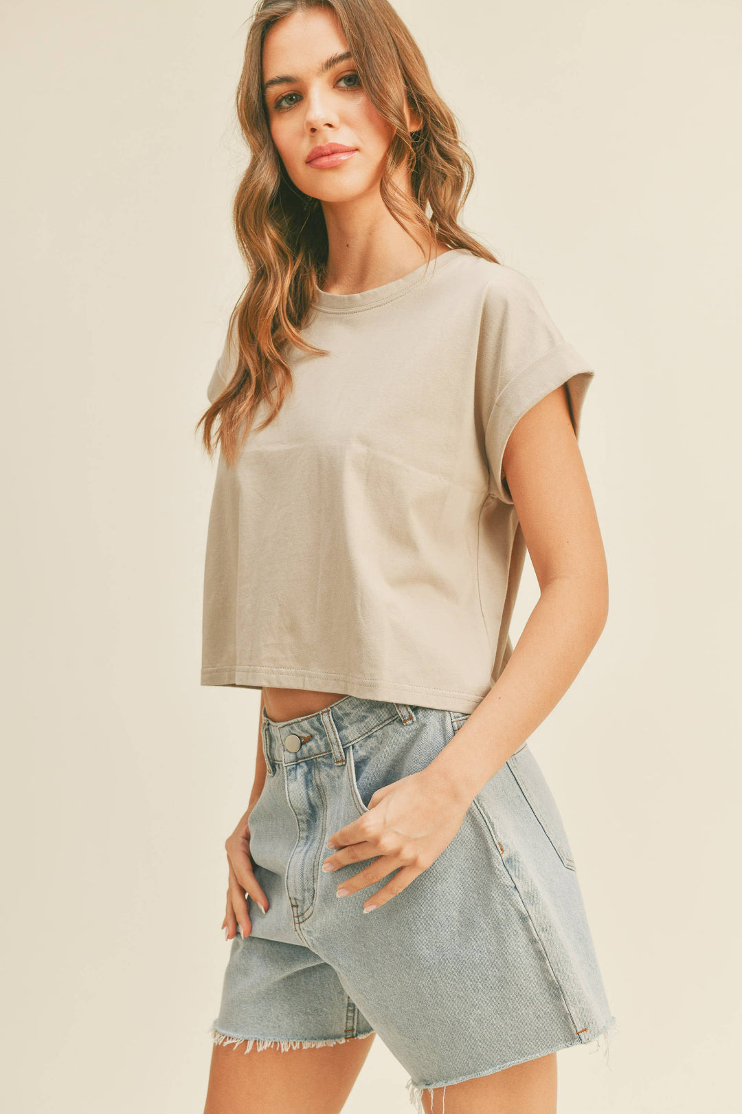 Round Neck Cuffed Sleeve Top