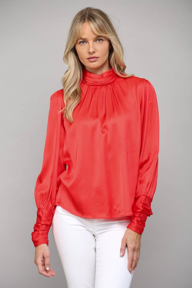 High Collar Ruched Sleeve Blouse