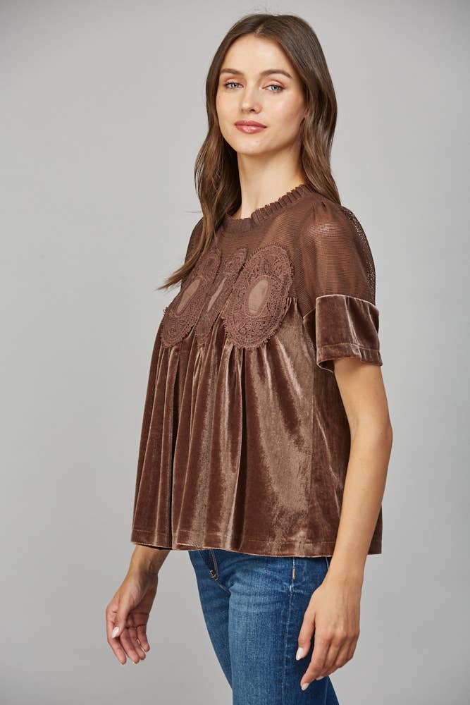 Lace Detail Velvet Babydoll Top