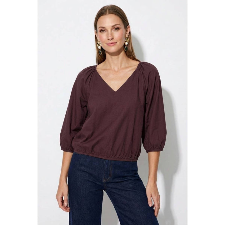 Elastic Puff Sleeve V-neck Blouse
