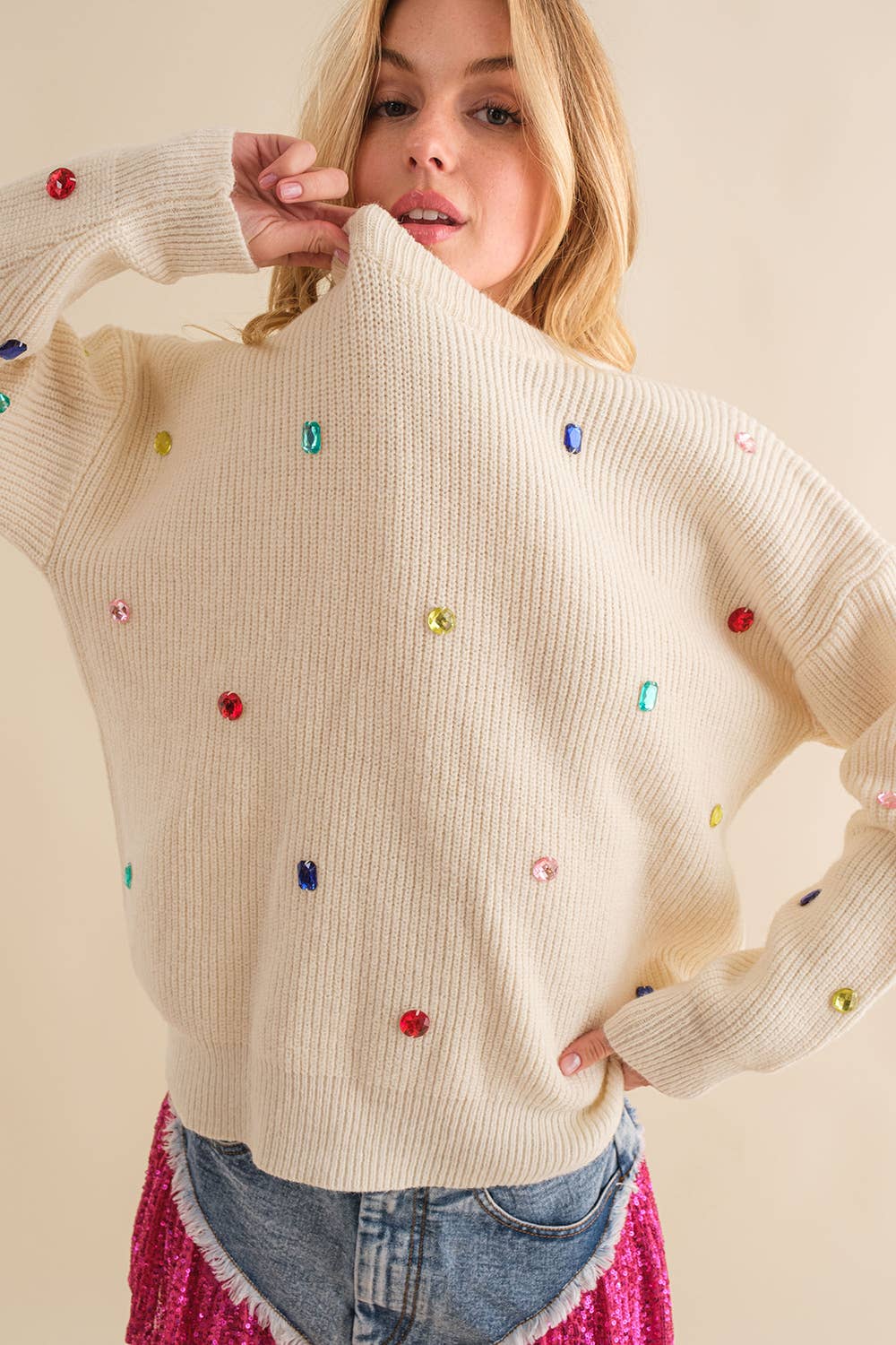 Funny Color Stone Trim Cozy Sweater