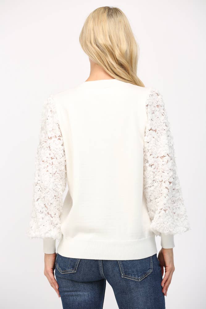 Contrast 3D Floral Lace Sleeve Crew Neck Sweater