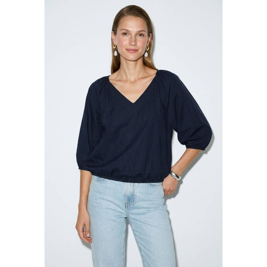 Elastic Puff Sleeve V-neck Blouse