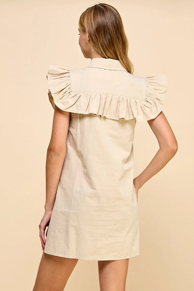 Beige Ruffle Shoulder Button Down Dress