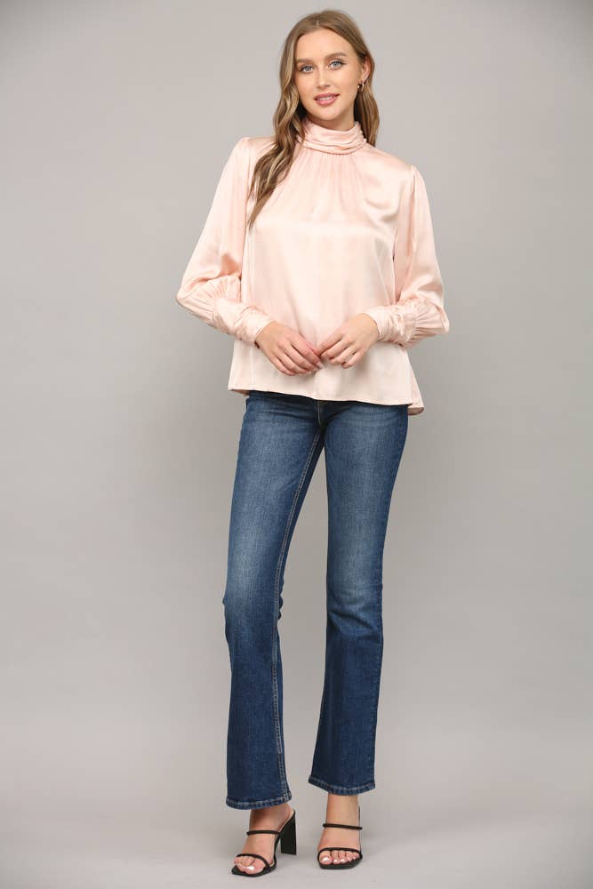High Collar Ruched Sleeve Blouse