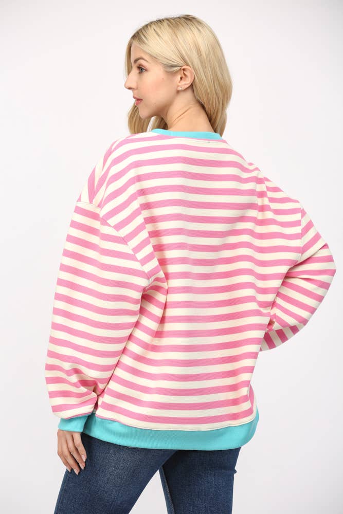 Pink and White Stripe Top With Aqua Trim