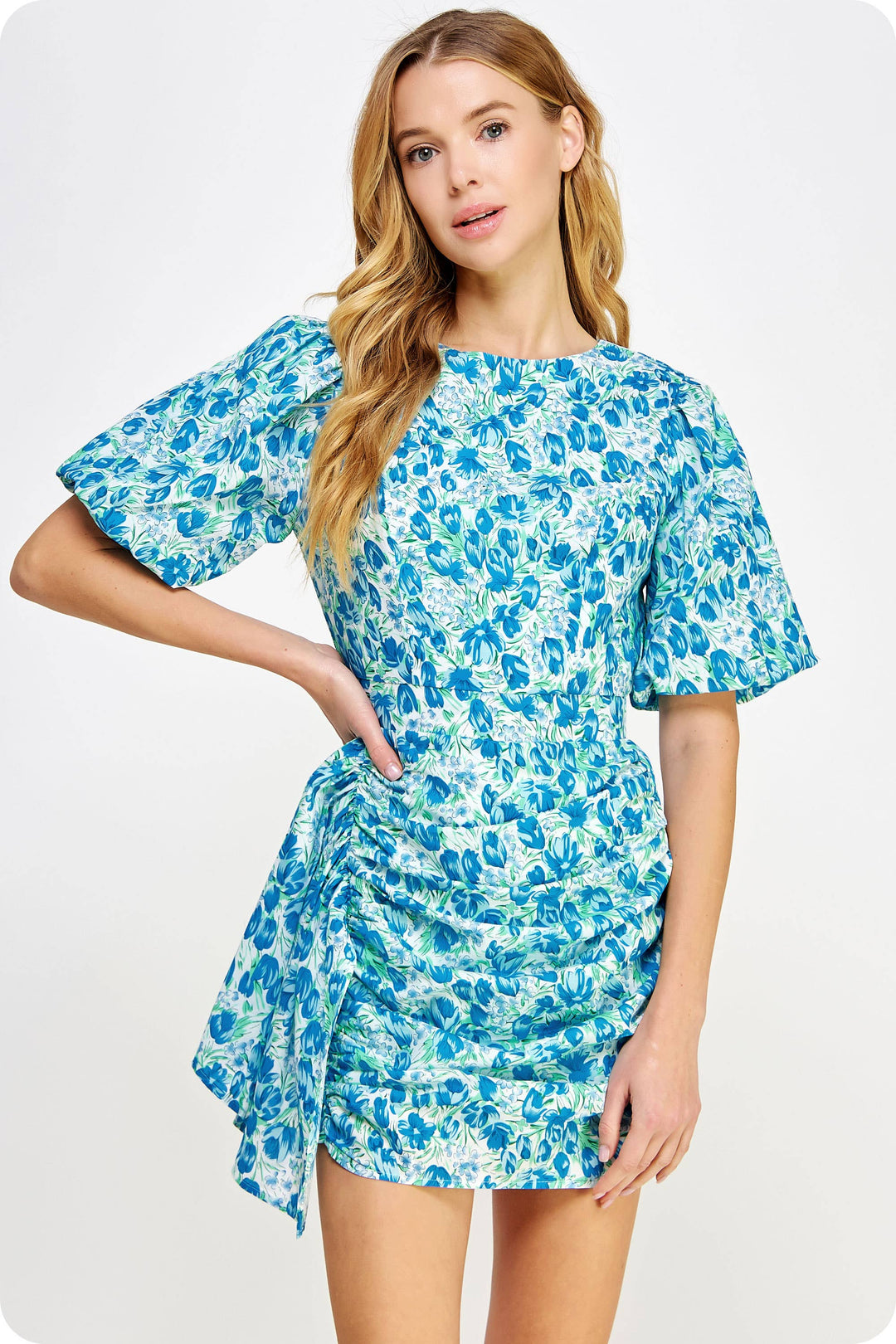 Ruched Short Puff Sleeve Floral Voile Mini Dress