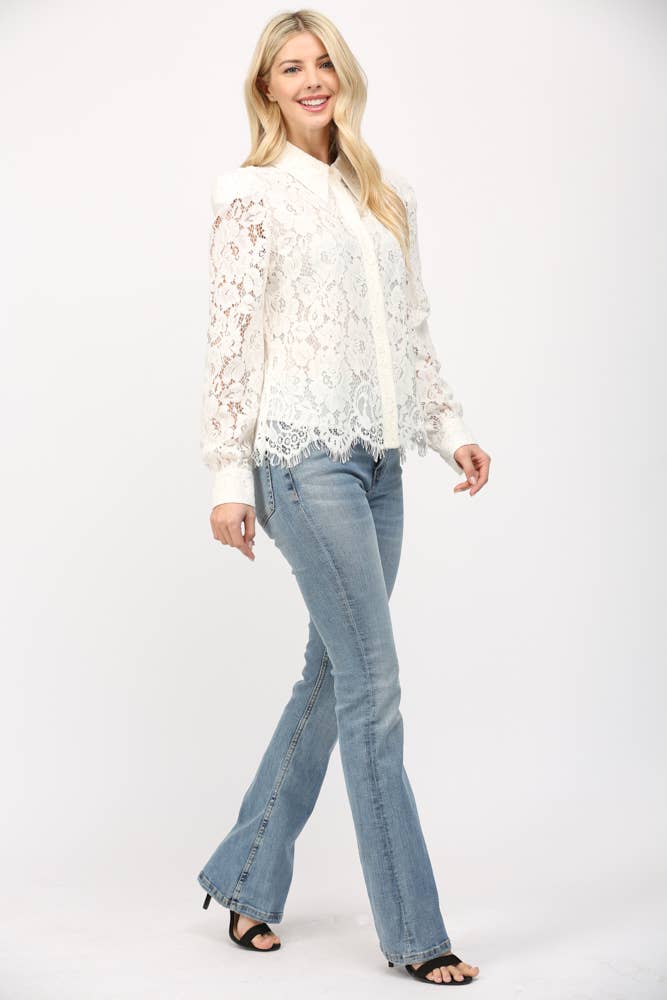 Scallop Edge Lace Button Down Blouse